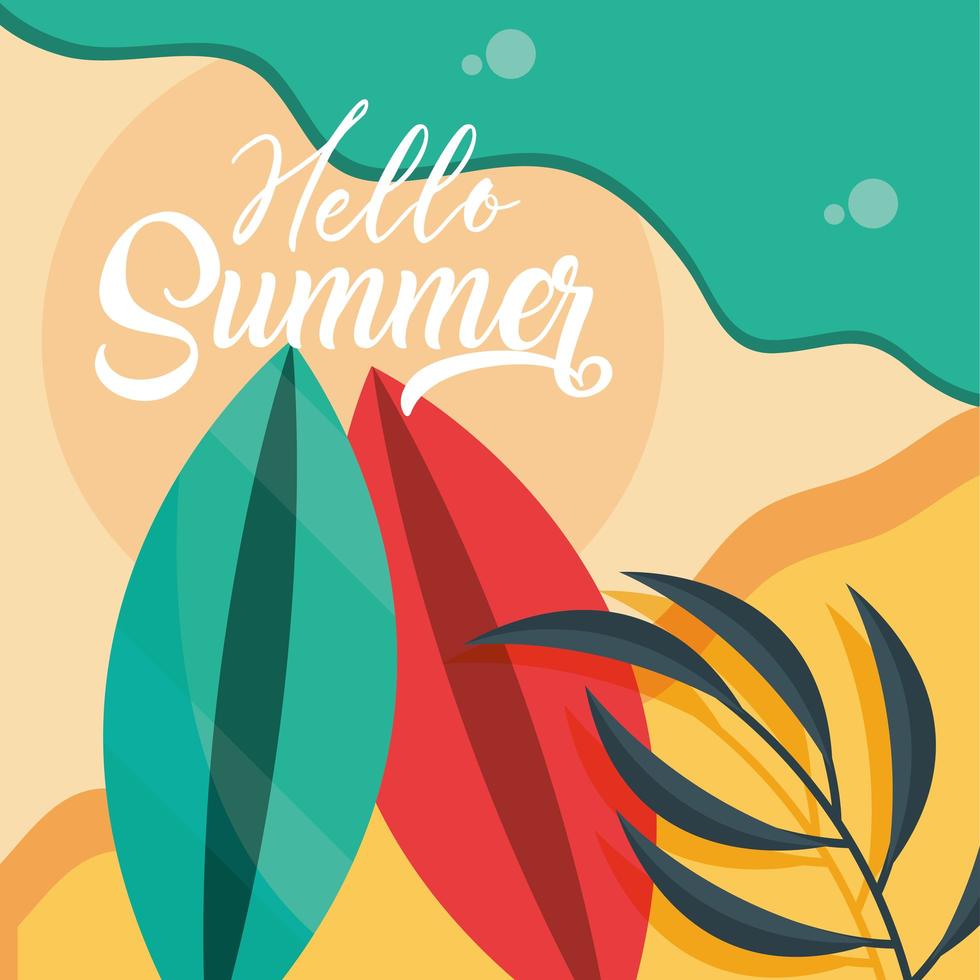 hej sommarresor och semestersäsong surfbrädor strand havssandblad bokstäver text vektor