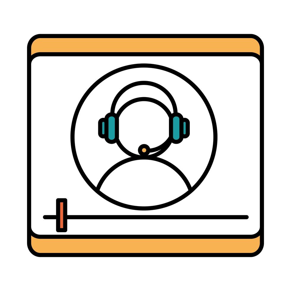 Online-Bildungscharakter mit Headset-Videoseminar-Lehrwebsite und mobiler Schulungskurslinie und Füllsymbol vektor