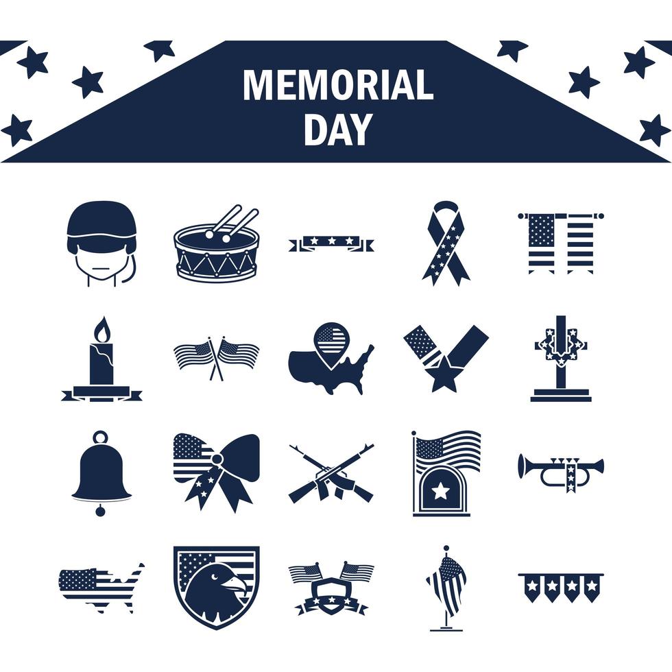 Memorial Day amerikanische Nationalfeier Symbole gesetzt Silhouette Stil-Symbol vektor