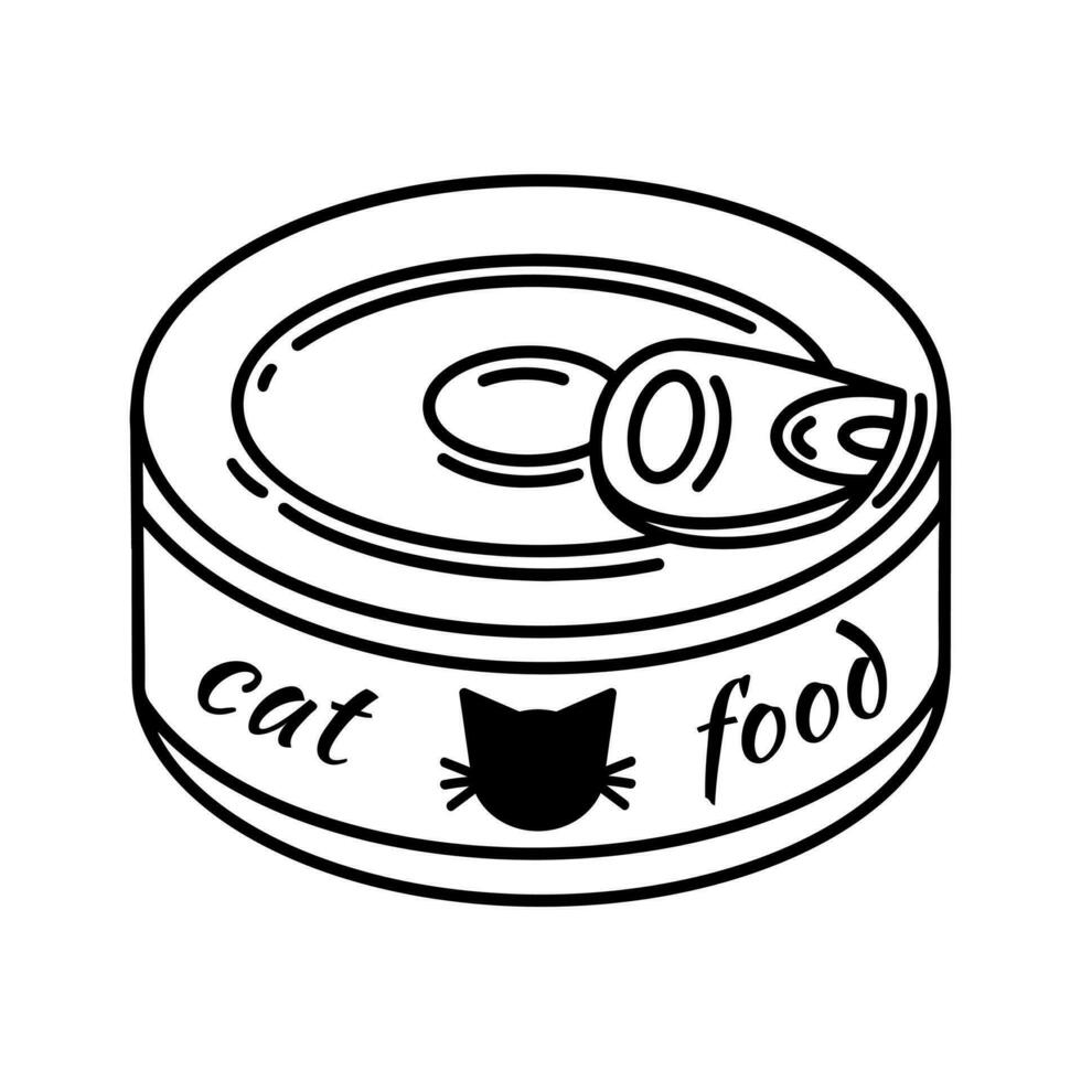 Katze Essen Vektor Symbol. Zinn können mit ein behandeln zum ein Kätzchen. Aluminium Verpackung mit Fleisch oder Fisch Snack zum Haustiere. einfach Gekritzel, isoliert skizzieren. schwarz und Weiß Clip Art zum drucken, Tierarzt Klinik, Geschäft, Netz