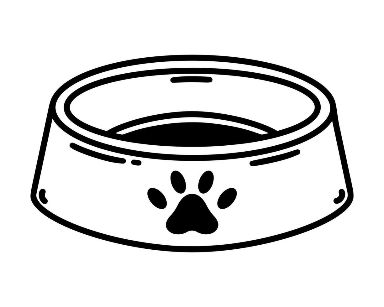 Haustier Schüssel Vektor Symbol. Teller zum ein Hund oder Katze mit ein Pfote unterzeichnen. leeren Container zum trocken Essen oder Wasser. Pflege zum ein inländisch Tier. schwarz und Weiß skizzieren. isoliert Clip Art zum Poster, drucken, Netz