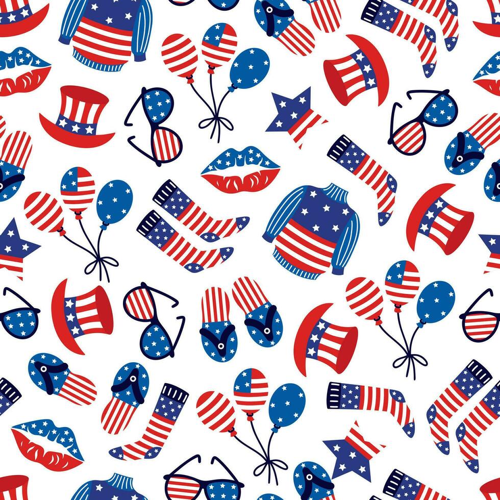 Amerika Unabhängigkeit Tag nahtlos Vektor Muster. Symbol von das National Sommer- Veranstaltung - - USA Flagge Pullover, Luftballons, oben Hut, Sonnenbrille, Kuss. patriotisch Urlaub Juli 4. eben Karikatur Hintergrund