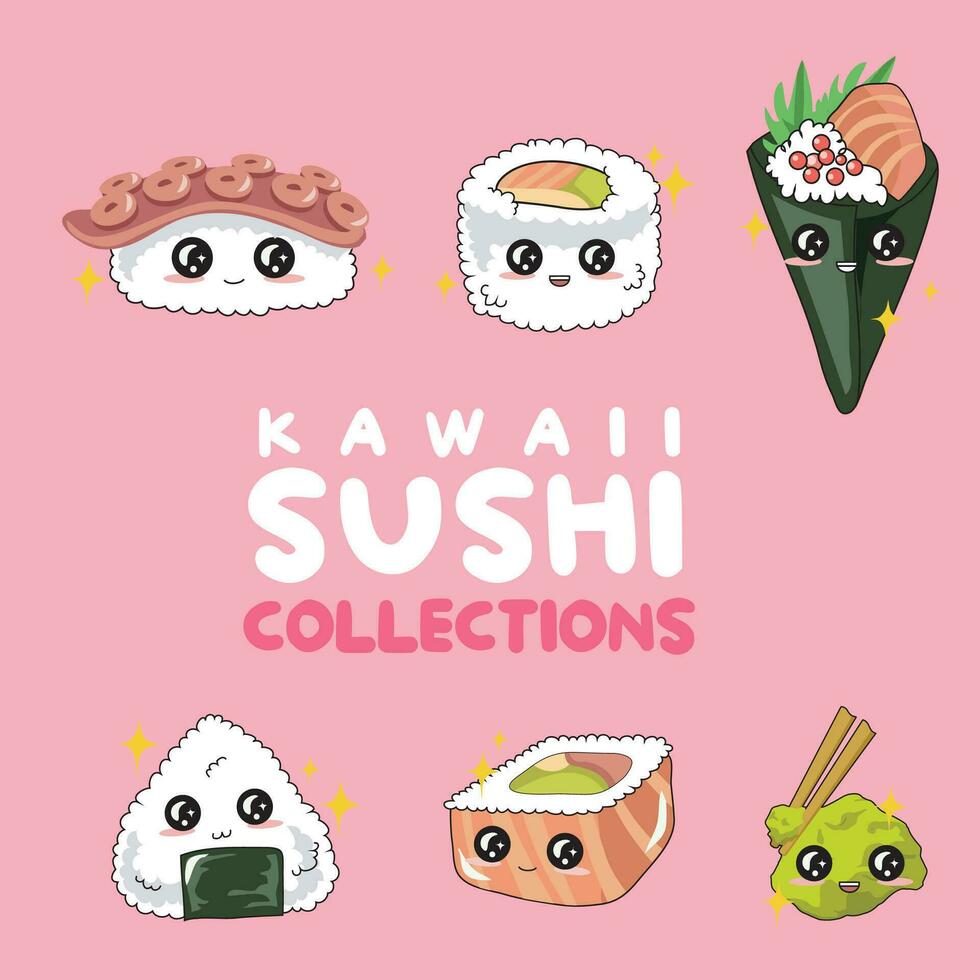 komisch japanisch Lebensmittel. asiatisch Küche. kawaii süß Sushi Sammlungen mit lächelnd Gesicht und Rosa Wangen. Karikatur Emoji zum Textil, Netz, drucken. Vektor Illustration.
