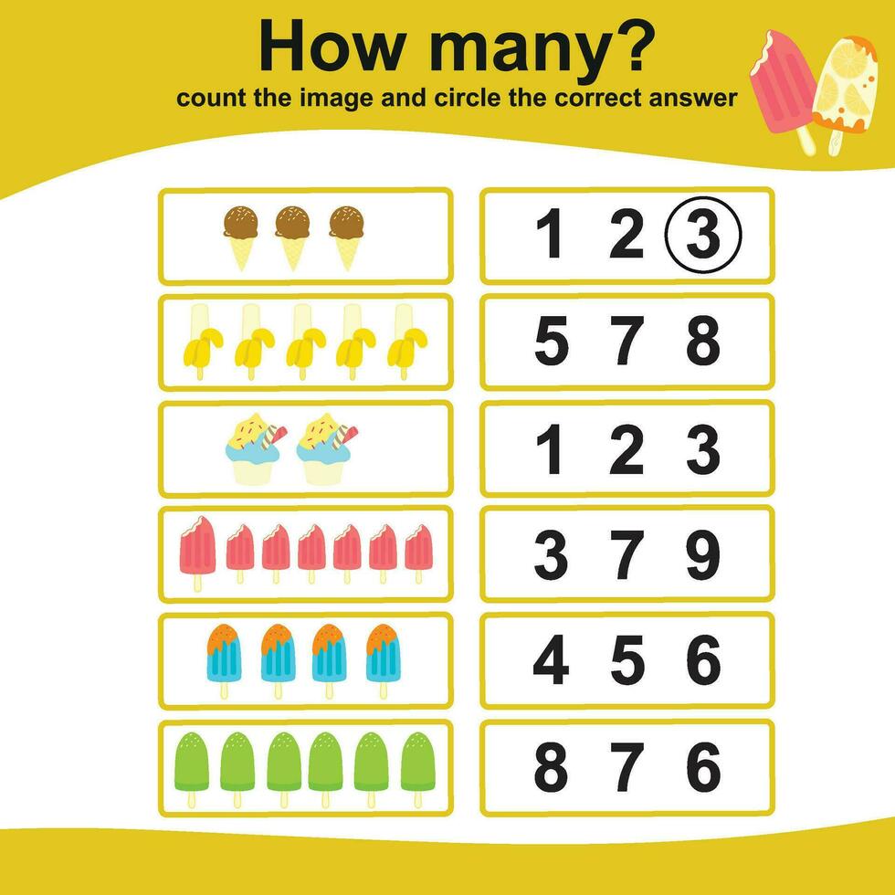 Anzahl und Kreis Arbeitsblatt. lehrreich druckbar Mathematik Arbeitsblatt. Mathematik Spiel zum Kinder. Vektor Illustration.