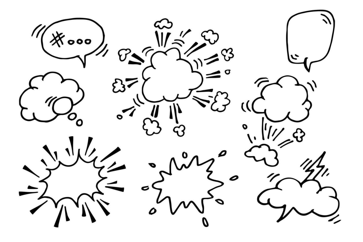 en uppsättning av hand dragen komisk element doodles. bubbla Tal tror och prata. klotter komisk ballong, moln, stänk. vektor illustration