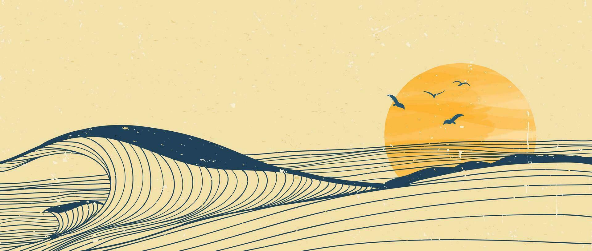 Ozean Welle Landschaft Illustration. kreativ minimalistisch modern Linie Kunst drucken. abstrakt zeitgenössisch ästhetisch Hintergründe Landschaften. mit Ozean, Meer, Horizont, Welle und Sonnenuntergang vektor