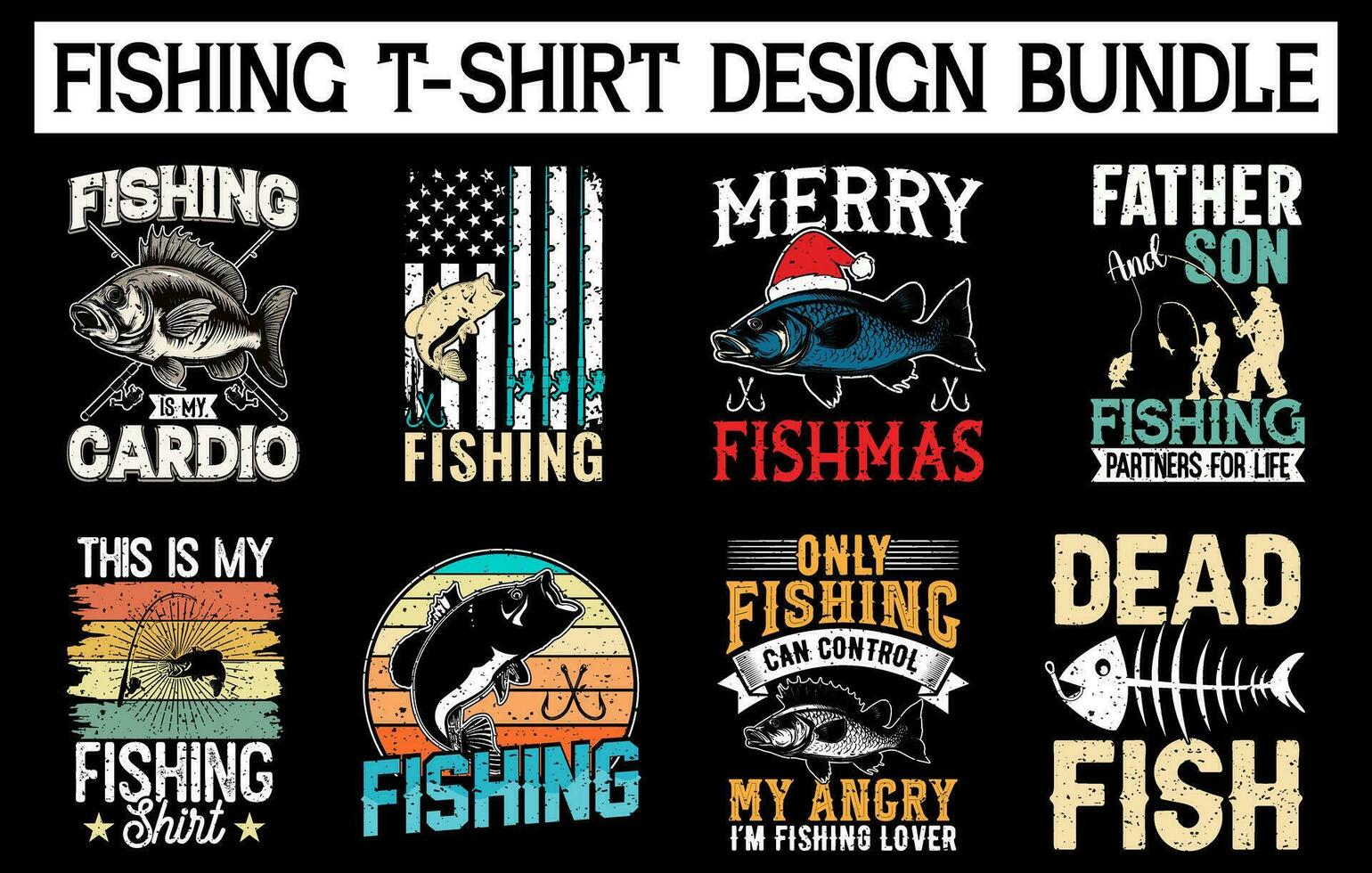 fiske årgång t-shirt design bunt, fiske t skjorta design bunt, fiske årgång t skjorta samling vektor