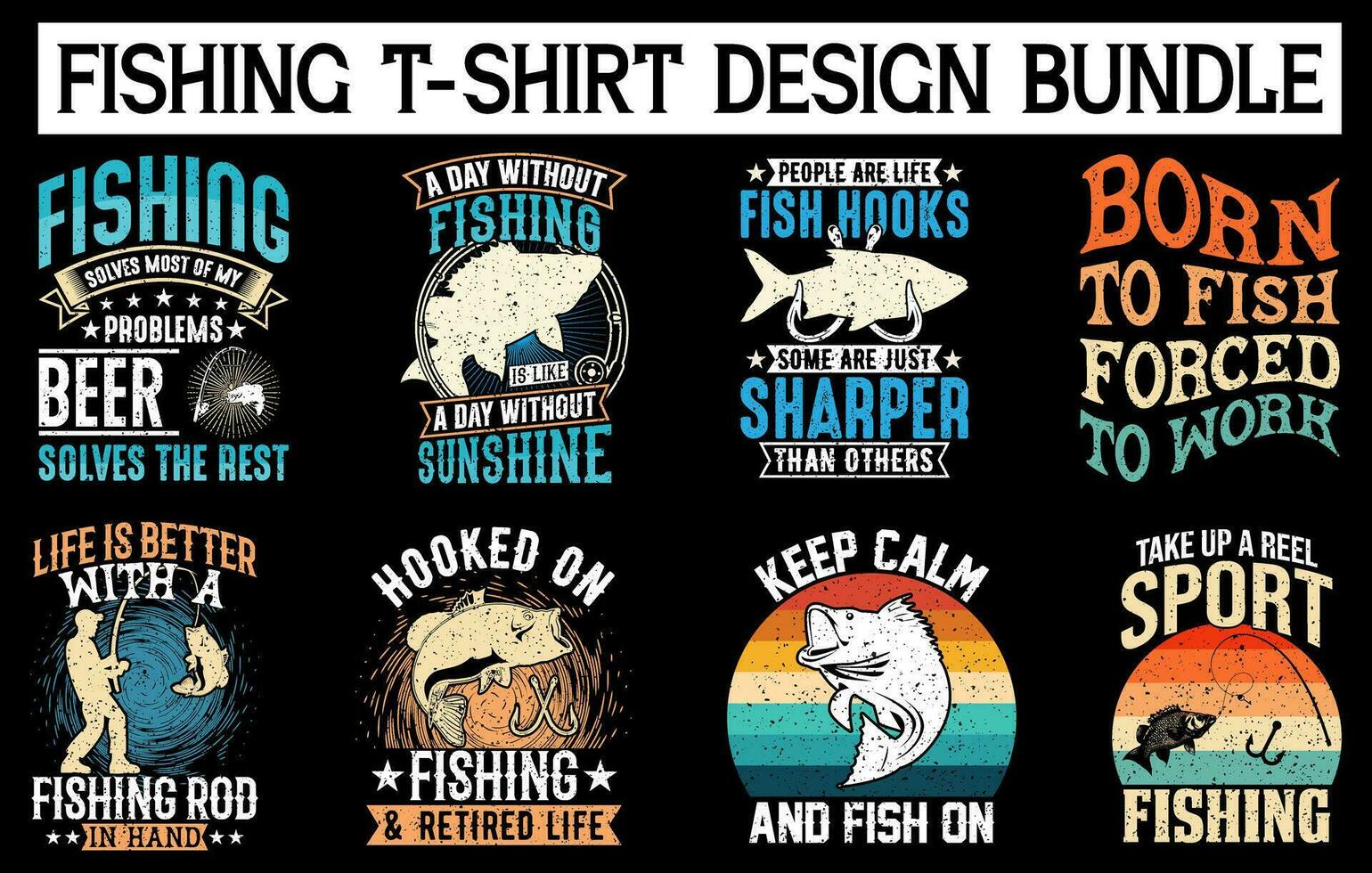 fiske årgång t skjorta design bunt, årgång fiske t skjorta uppsättning grafisk illustration vektor