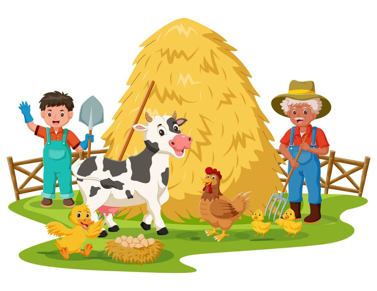 Illustration von Kind Farmer und alt Bauer. Bauernhof Szene mit Karikatur Tiere. Vektor Illustration