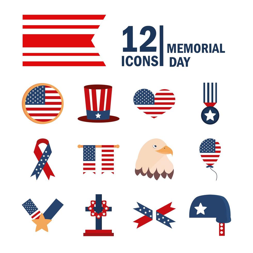Memorial Day amerikanische nationale Feier Symbole flache Stilikone gesetzt vektor