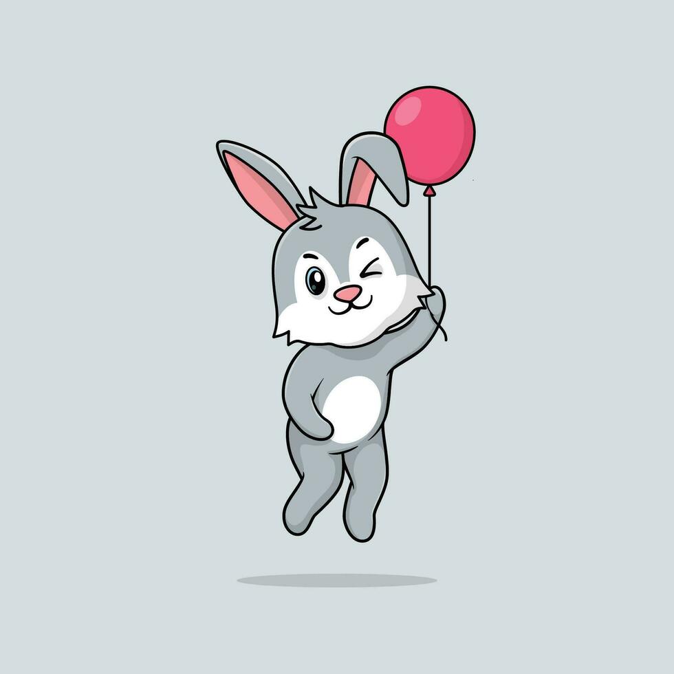 vektor söt bebis kanin tecknad serie flytande innehav ballon ikon illustration.