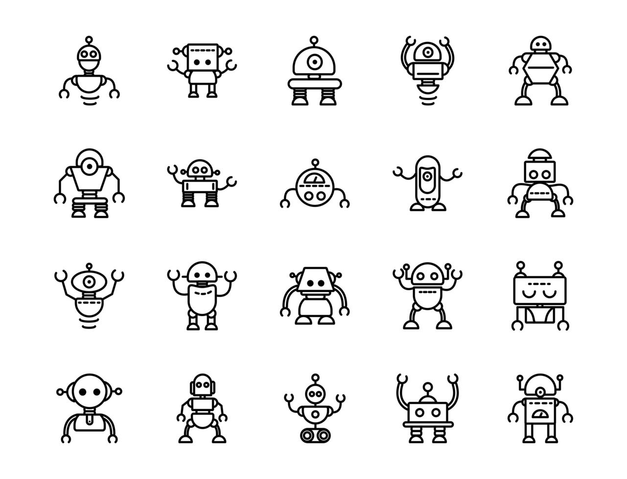 Robotertechnologie-Charakter künstliche Maschinensymbole linear eingestellt vektor