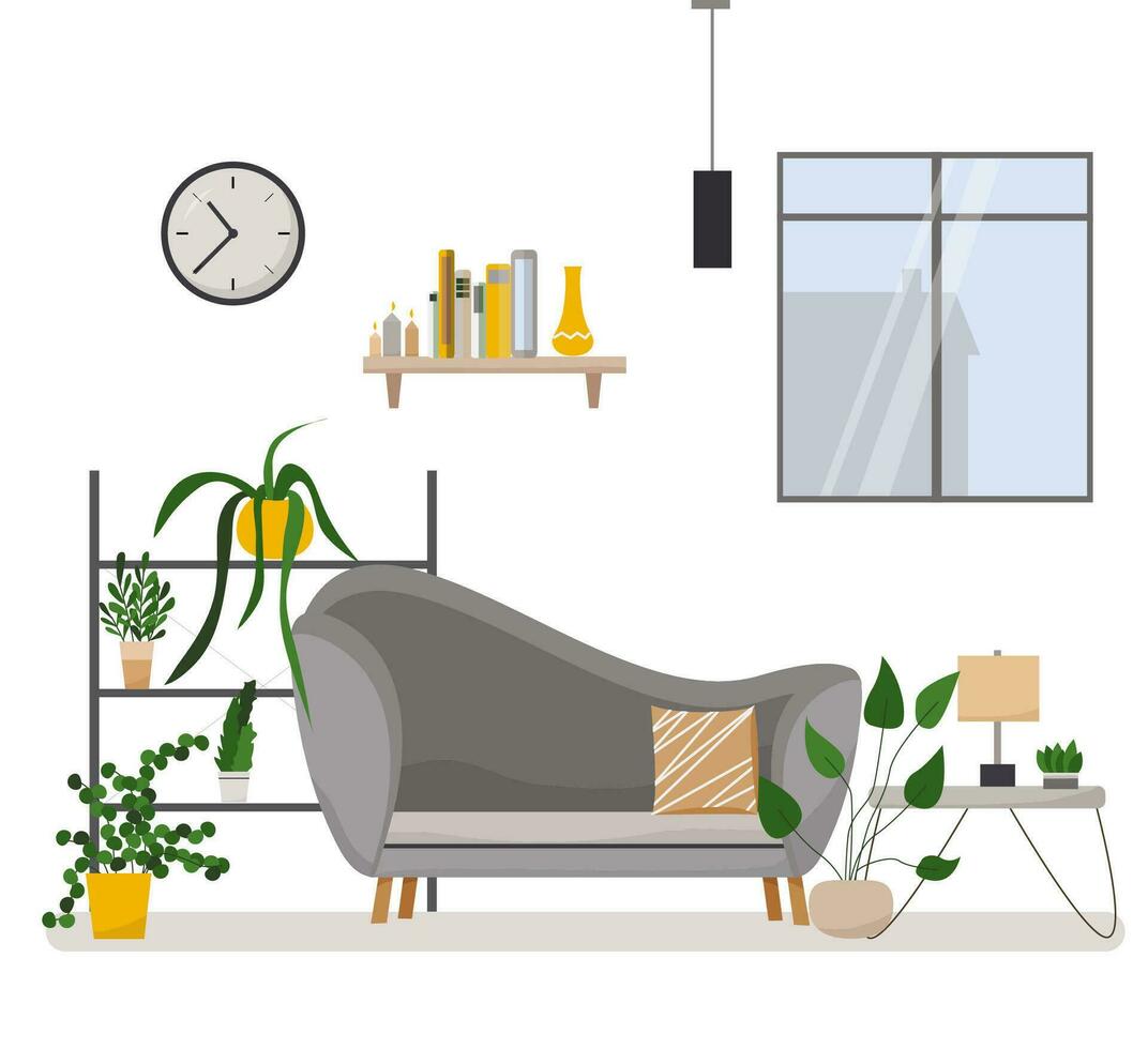 Innere Design von ein Weiß Leben Zimmer mit Plakate und ein Sofa, Innen- Pflanzen. Vektor eben Illustration.