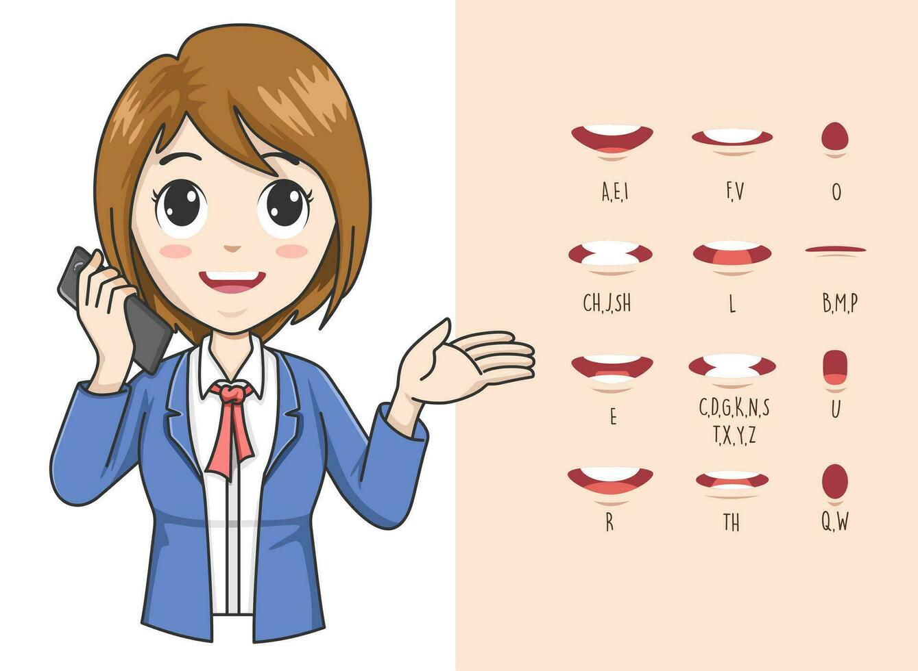 Geschäftsfrau Lippe synchronisieren. Lippe synchronisieren Sammlung zum Animation. weiblich Mund Animation. Phonem Mund Diagramm. Alphabet Aussprache. Vektor Illustration.