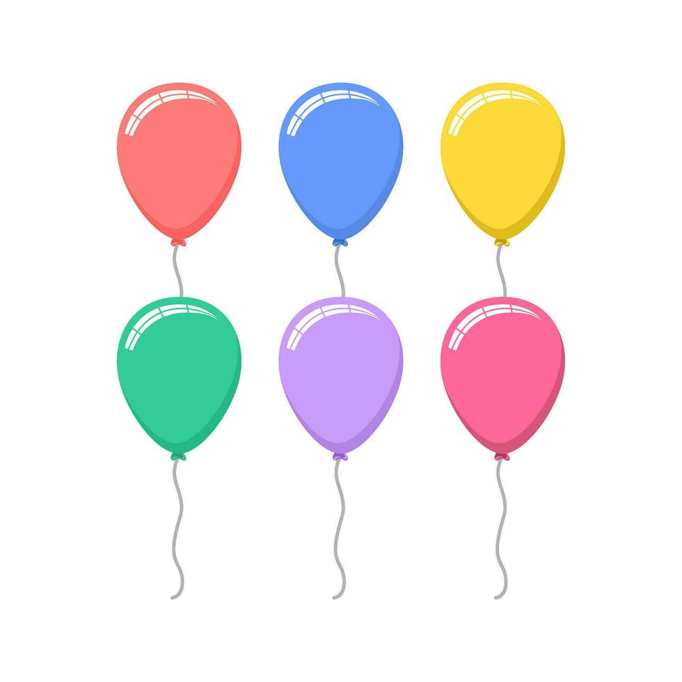 Ballon im Karikatur Stil. Bündel von Luftballons zum Geburtstag und Party. fliegend Ballon mit Seil. Blau, Rot, Gelb und Grün Ball isoliert auf Weiß Hintergrund. eben Symbol zum feiern und Karneval. Vektor