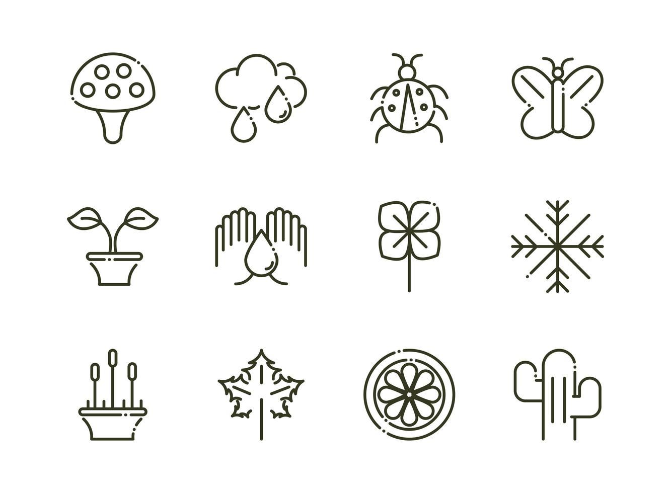 Wald Laub Ökologie Natur Linie Design Icons Set vektor