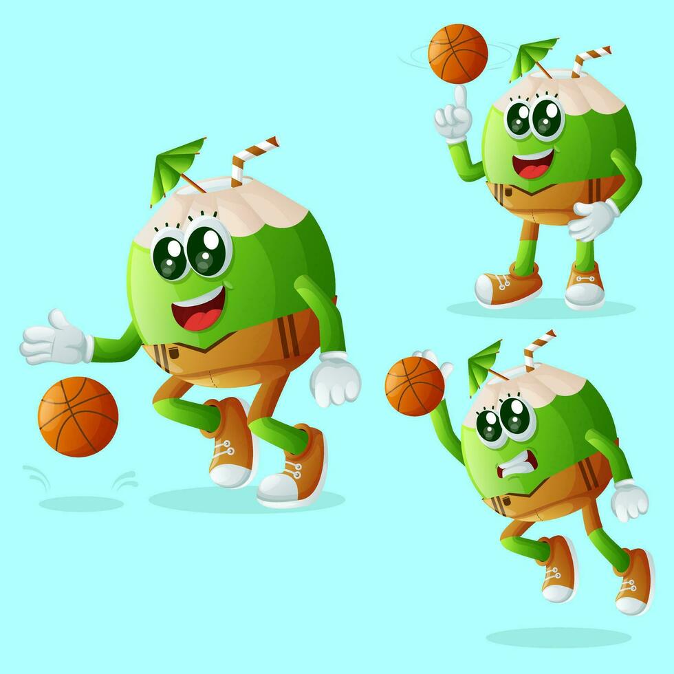 söt kokos tecken spelar basketboll vektor