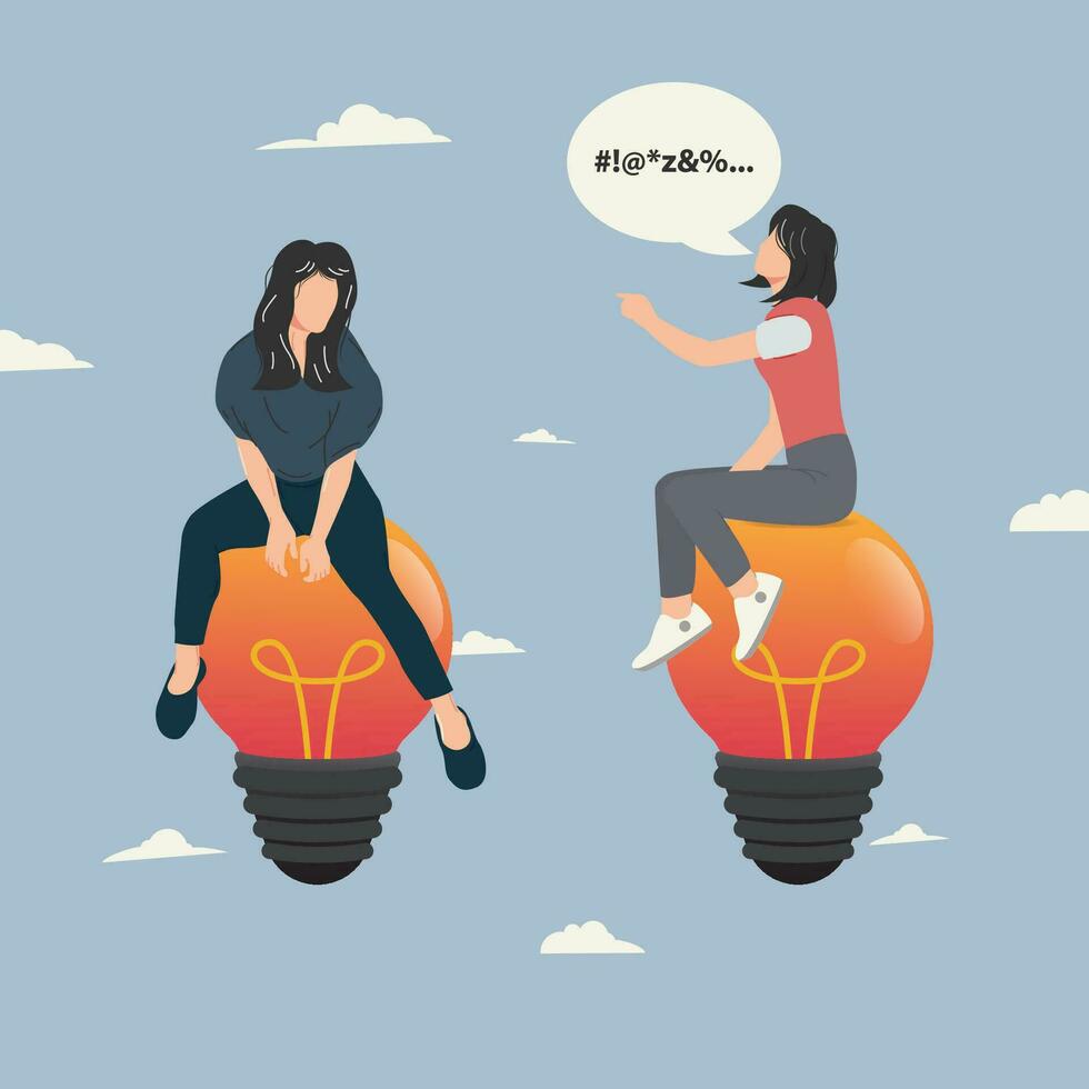zwei Frauen Sitzung auf Birne. streiten weil von Unterschiede im Ideen Design Vektor Illustration