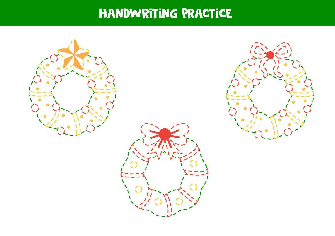 handstil öva med tecknad serie jul kransar. spårande rader för förskolebarn. vektor