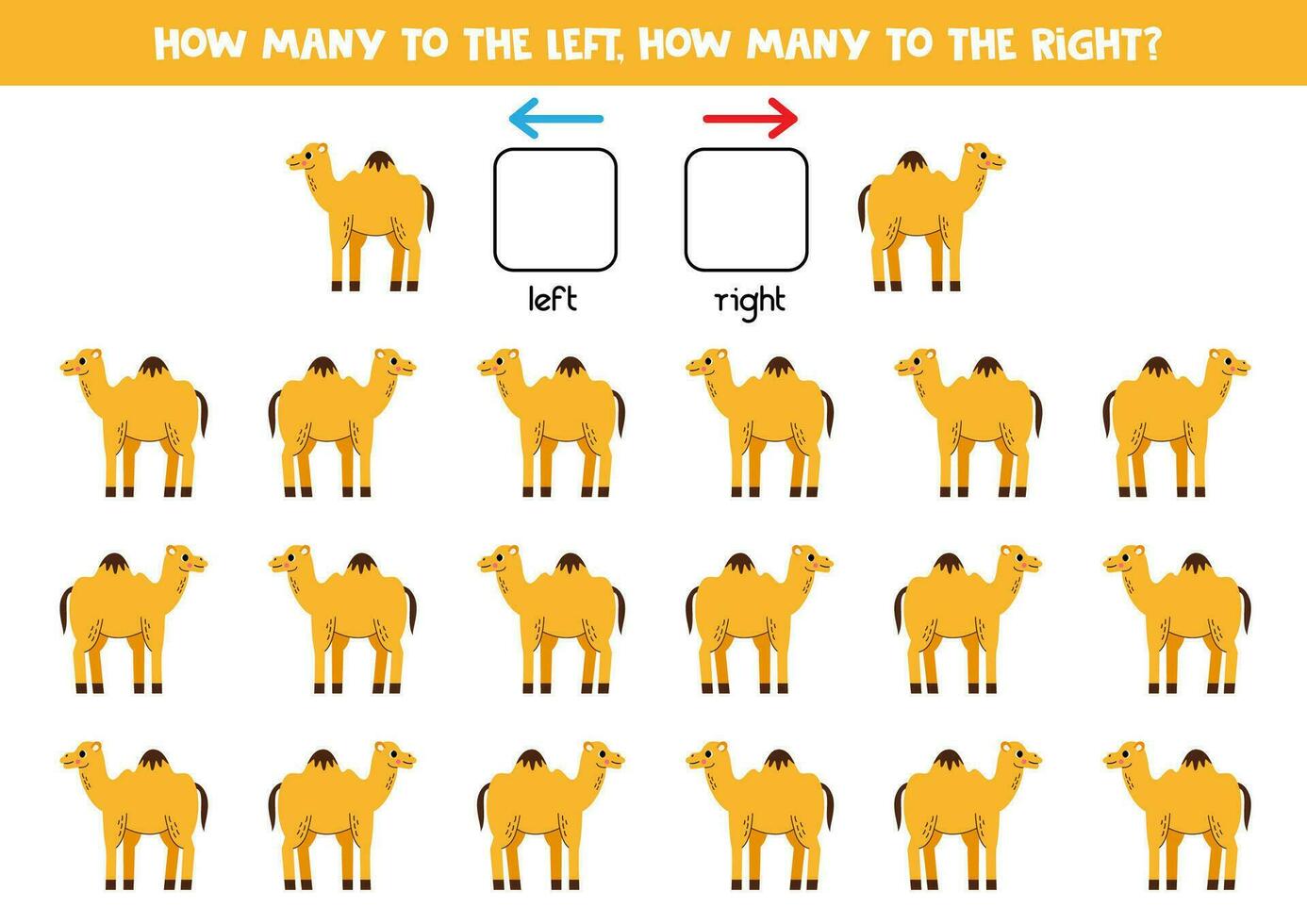 vänster eller rätt med söt tecknad serie kamel. logisk kalkylblad för förskolebarn. vektor