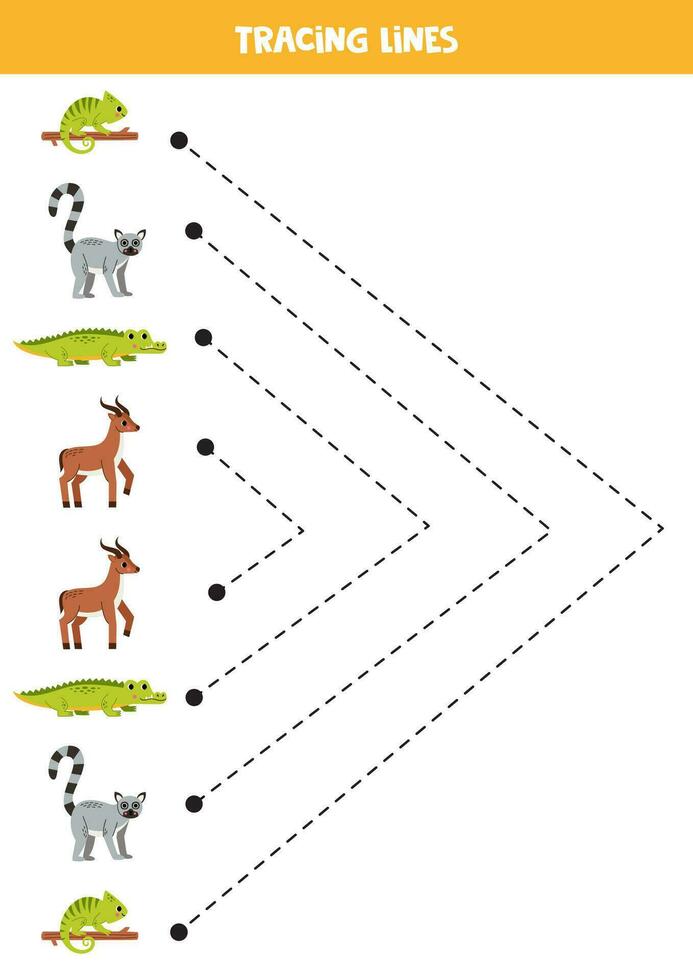 Handschrift trainieren mit süß afrikanisch Tiere. Rückverfolgung Linien zum Vorschulkinder. Vektor Illustration.