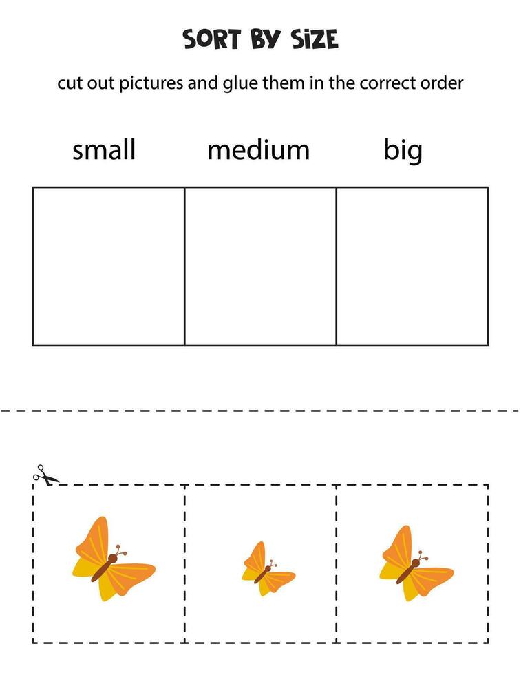 sortera söt fjärilar förbi storlek. pedagogisk kalkylblad för ungar. vektor