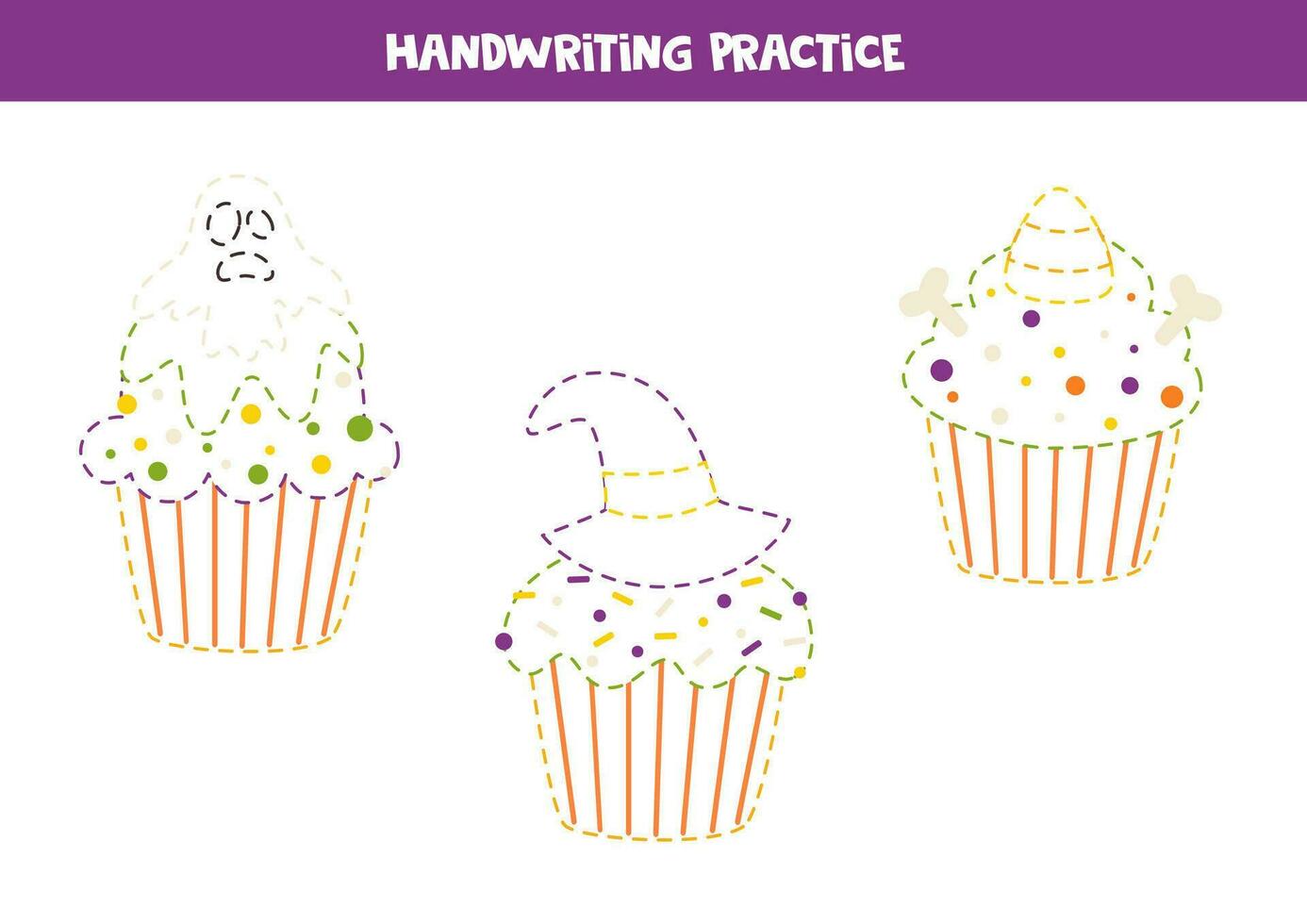 Handschrift trainieren mit Karikatur Halloween Cupcakes. Rückverfolgung Linien zum Vorschulkinder. Vektor Illustration.