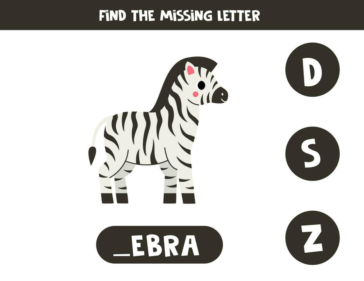 hitta saknas brev med tecknad serie zebra. stavning arbetsblad. vektor