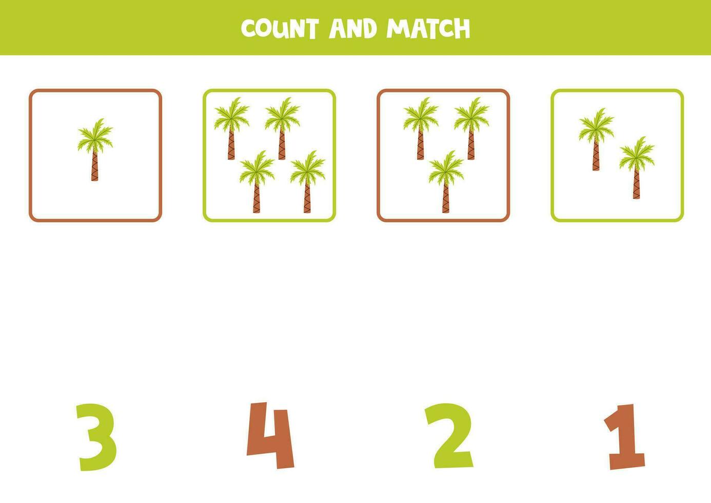 Zählen Spiel zum Kinder. Anzahl alle Palmen und Spiel mit Zahlen. Arbeitsblatt zum Kinder. vektor