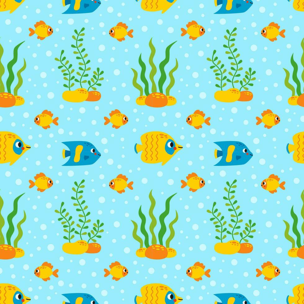 nahtlos Muster mit süß Fisch unter Wasser auf Blau Hintergrund. vektor