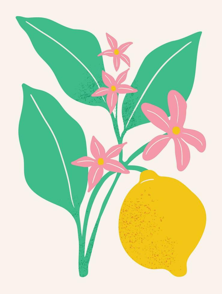 abstrakt botanisk konst bakgrund vektor. naturlig hand dragen mönster design med blomma, citron, löv, gren. enkel samtida stil illustrerade design för tyg, skriva ut, omslag, baner, tapet. vektor