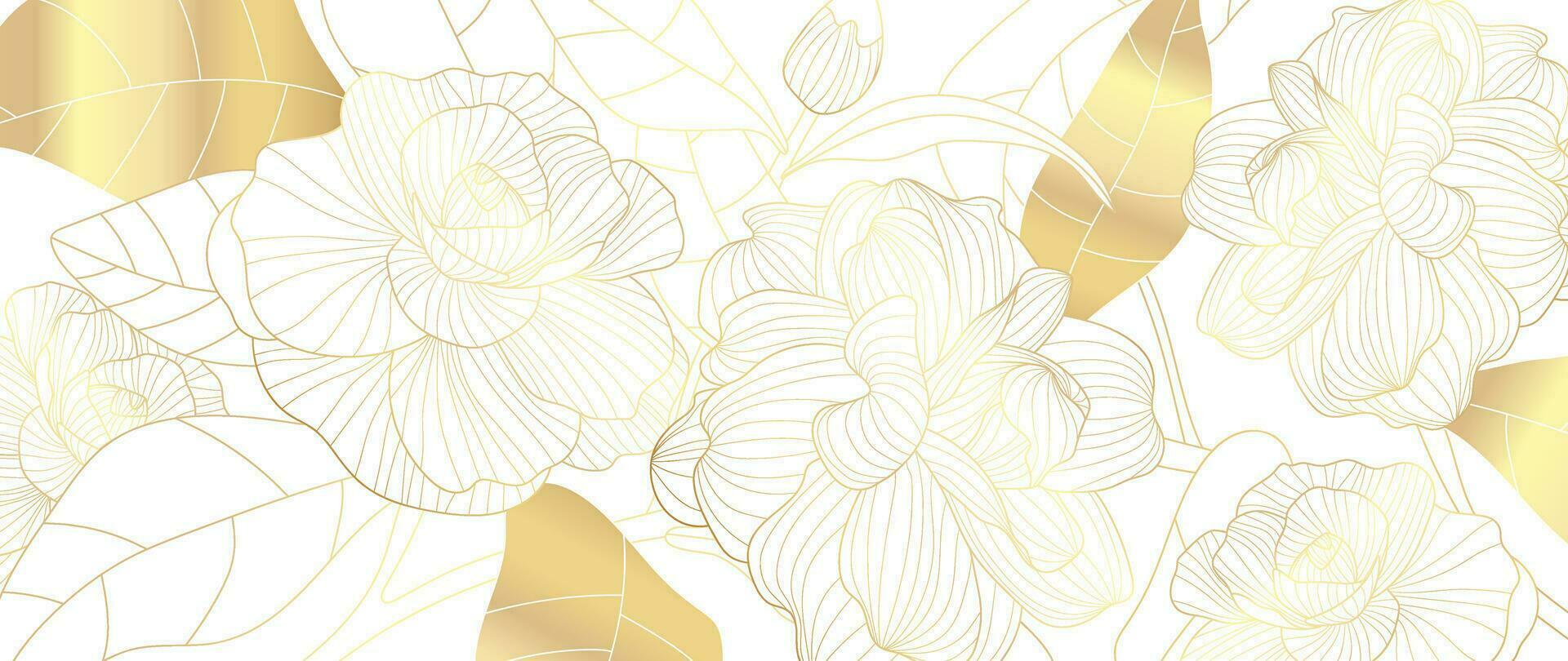 lyx gyllene reste sig blomma linje konst bakgrund vektor. naturlig botanisk elegant blomma med guld linje konst. design illustration för dekoration, vägg dekor, tapet, omslag, baner, affisch, kort. vektor