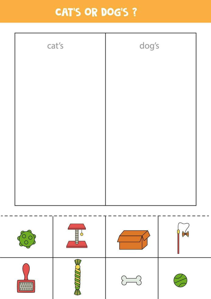 Sortieren Karten in Katzen oder Hunde Zubehör. logisch Spiel zum Kinder. vektor