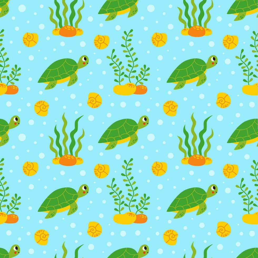 sömlös mönster med söt sköldpaddor under vattnet på blå bakgrund. vektor