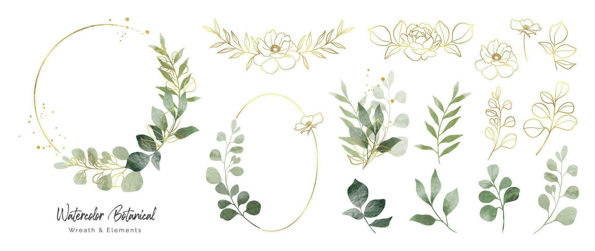 lyx botanisk guld bröllop ram element samling. uppsättning av cirkel, glitter, blad grenar, blomma, eukalyptus. elegant lövverk design för bröllop, kort, inbjudan, hälsning. vektor
