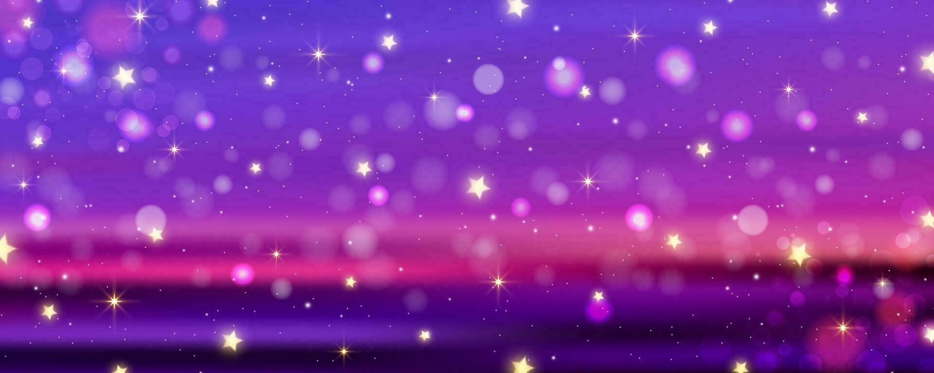 lila bakgrund med bokeh och glitter. gyllene glitter och stjärnor pärlar på pinky natt himmel. ljus glöd drömma tapet. vektor illustration