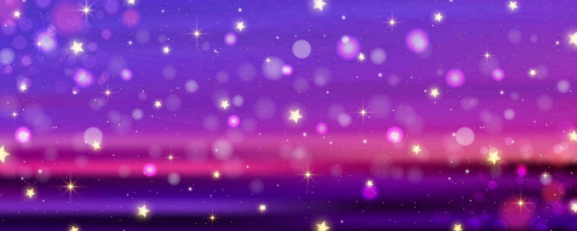 lila Hintergrund mit Bokeh und funkeln. golden funkeln und Sterne funkelt auf kleiner Finger Nacht Himmel. hell glühen träumend Hintergrund. Vektor Illustration