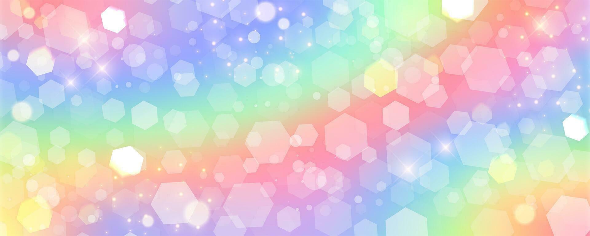 enhörning regnbåge bakgrund med glitter stjärnor och hexagoner. söt nagic pastell mönster. magi drömma holografiska himmel. vektor