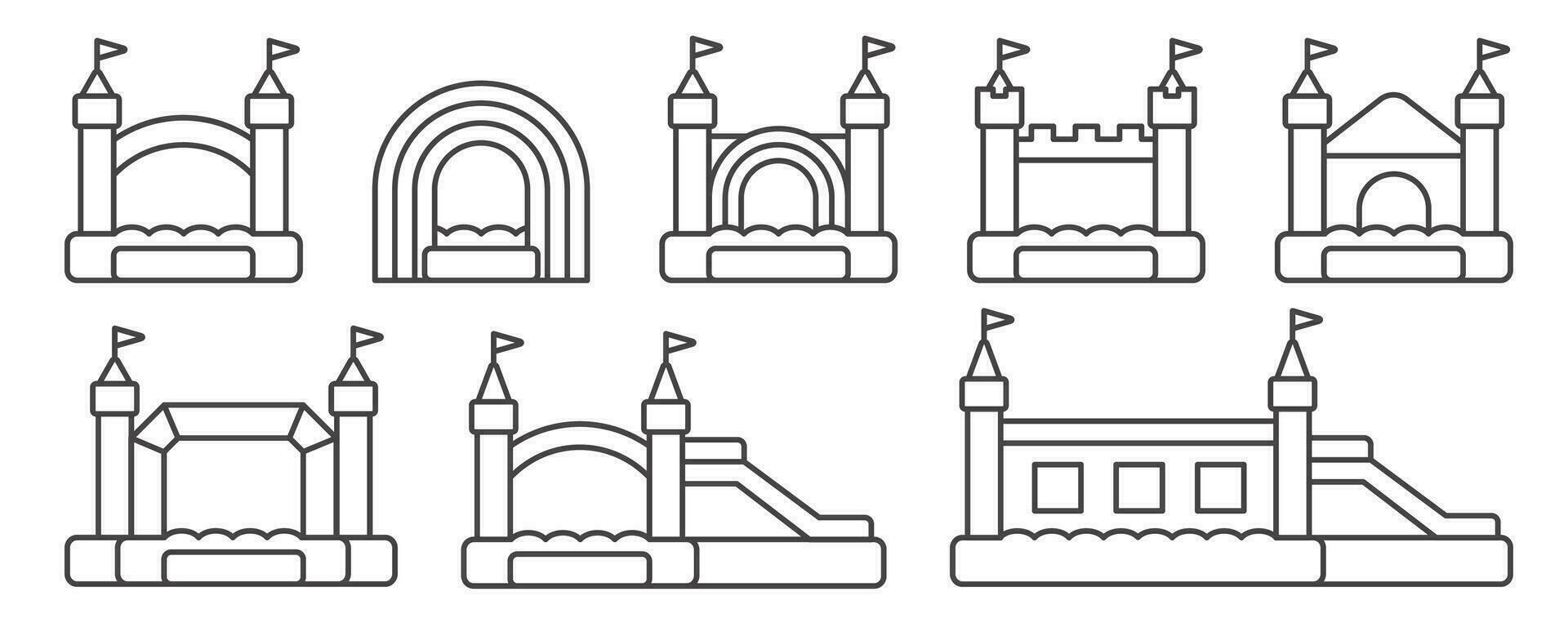 studsig uppblåsbar slott ikoner uppsättning. vektor trampolin översikt piktogram för Hoppar spel isolerat på vit bakgrund.