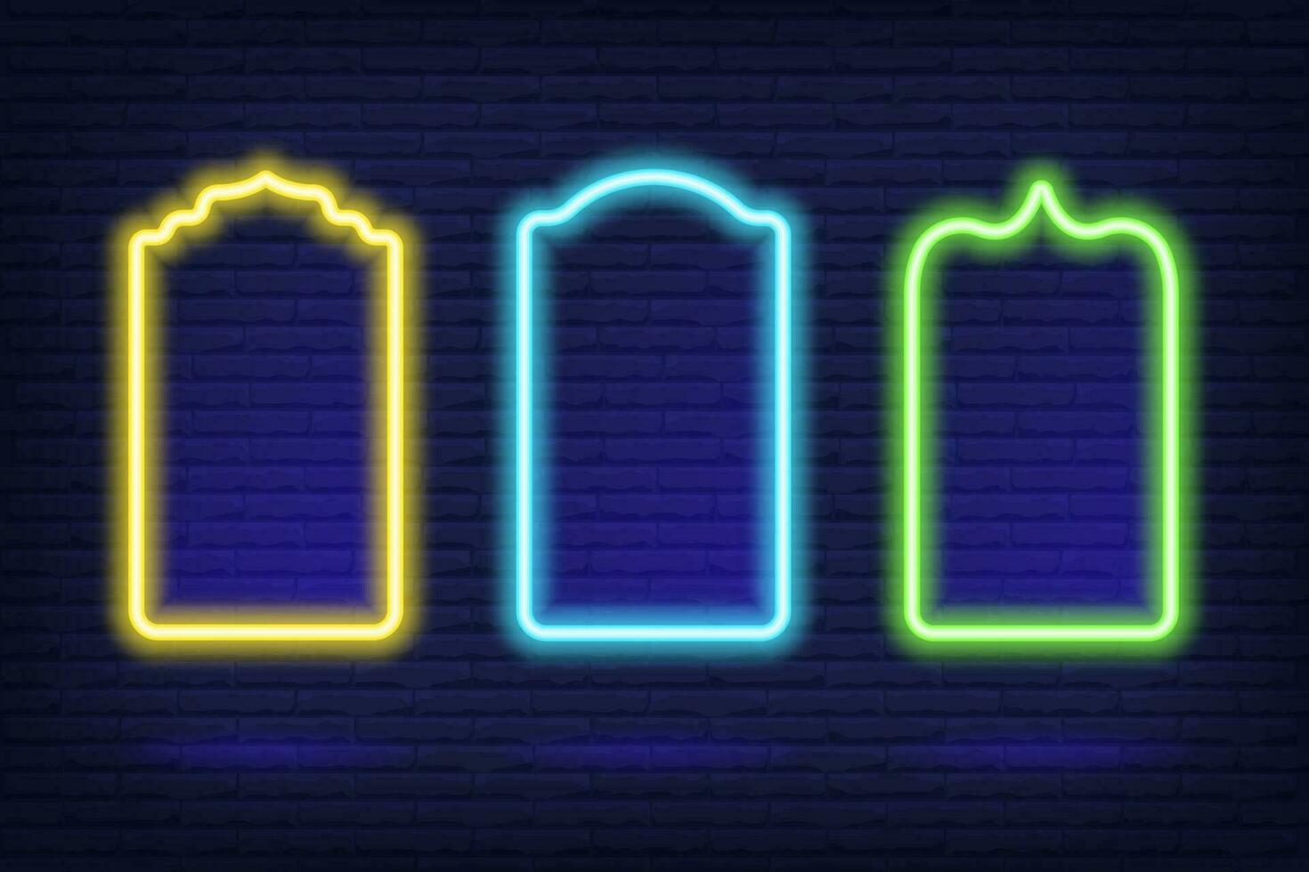 Ramadan islamisch rahmen. Vektor Neon- Bogen gestalten auf dunkel Hintergrund. Muslim Tür und Fenster. arabisch hell Vorlage Satz.