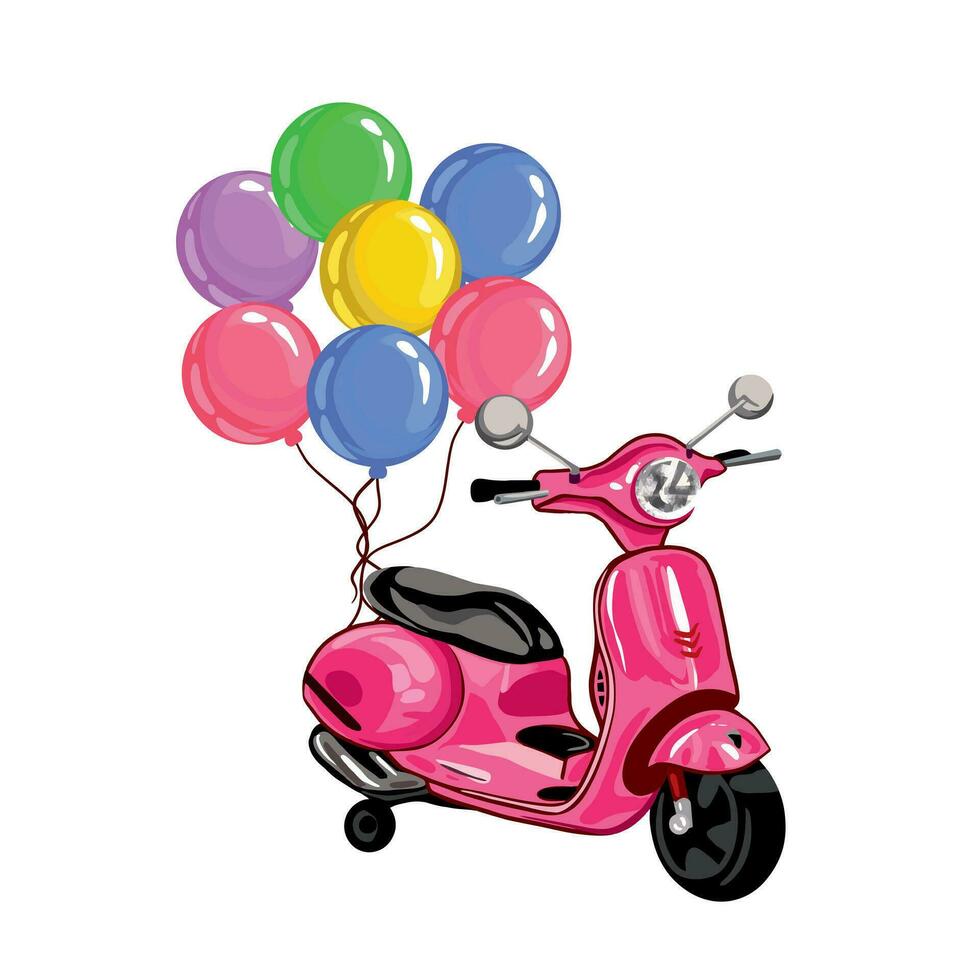 ein Bündel von bunt Luftballons und ein Rosa Moped. Vektor Illustration auf das Thema von glücklich Geburtstag. Design Element zum Gruß Karten, Urlaub Banner.