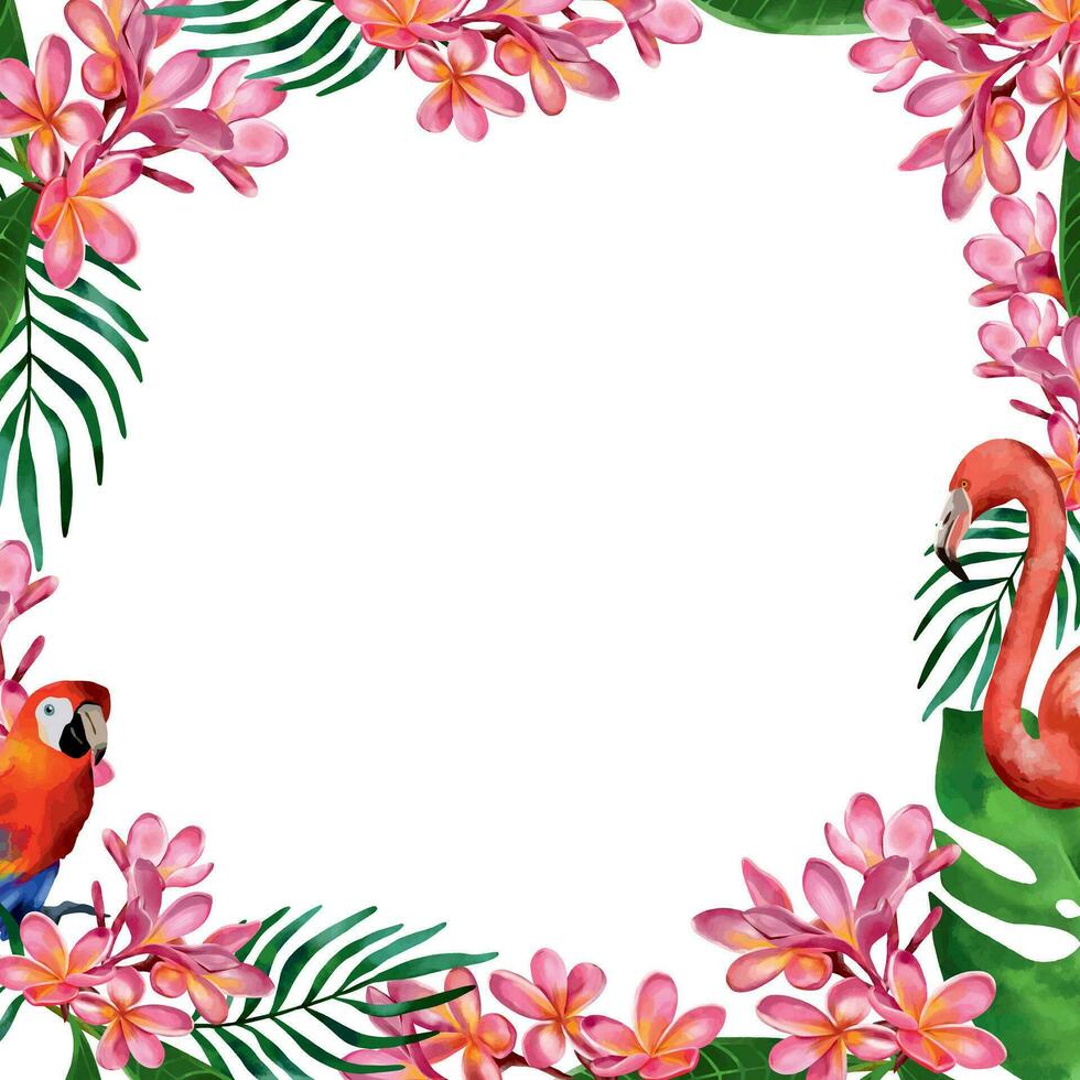 Hintergrund mit tropisch Pflanzen, Blumen und exotisch Vögel. Vektor Illustration von ein Sommer- Hintergrund. Vorlage zum Hochzeit Einladungen, Gruß Karten, Sommer- Banner.