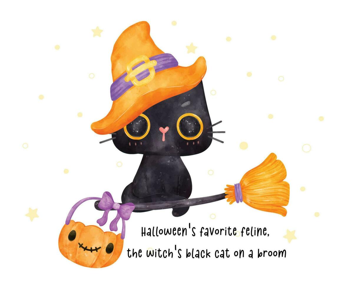 cerebrat halloween med en söt svart katt bär en häxa hatt, flygande på en kvastskaft. detta charmig vattenfärg konstverk fångar de väsen av läskigt säsong vektor