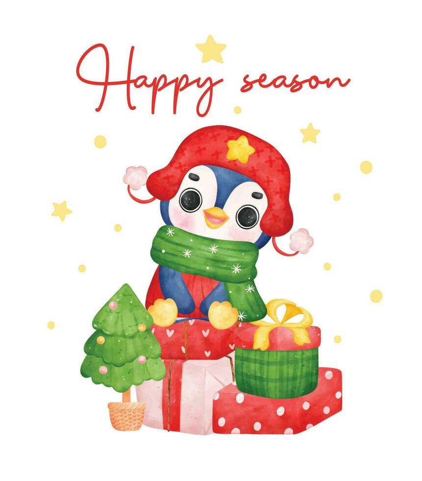 bezaubernd Pinguin feiert Weihnachten, Sitzung auf Geschenk Boxen. bunt Aquarell Karikatur vektor