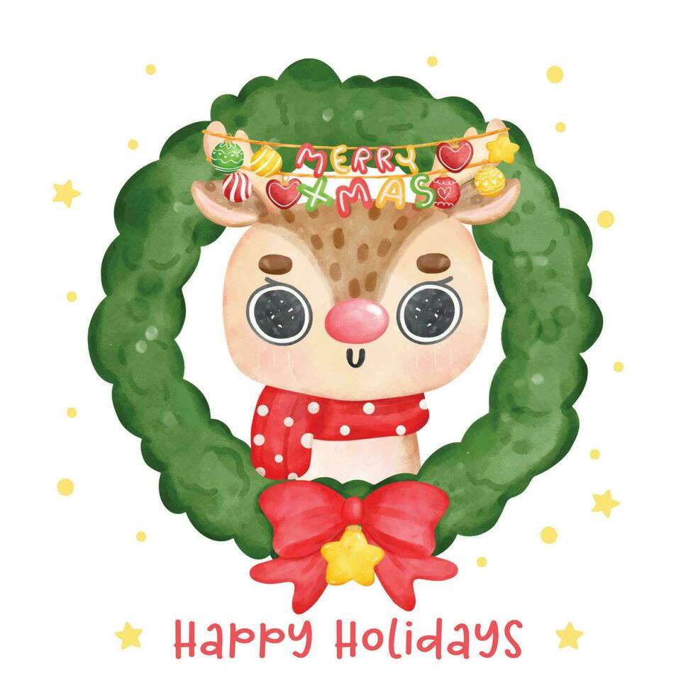 söt förtjusande jul ren djur- i grön festlig krans, Lycklig Semester, tecknad serie djur- karaktär vattenfärg hand teckning vektor illustration