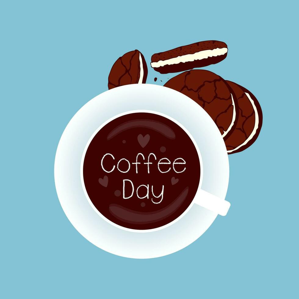 Kaffee Tag Poster, Banner, Tasse Kaffee und Schokolade Plätzchen. vektor