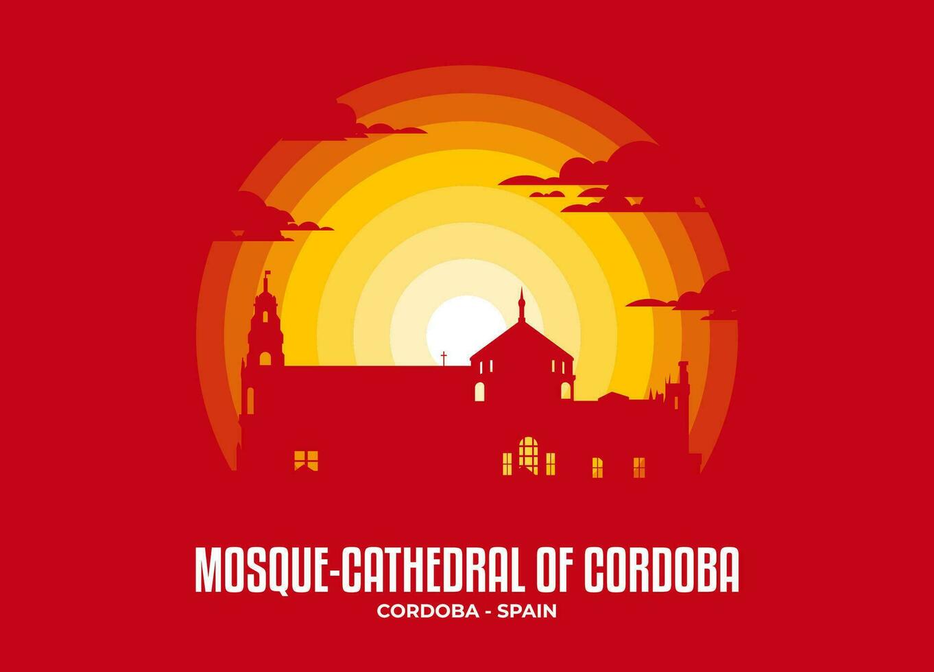 Moschee-Kathedrale von Cordoba Vektor. Mondlicht Illustration von berühmt historisch Statue und die Architektur im vereinigt Königreich. Farbe Ton basierend auf Flagge. Vektor eps 10