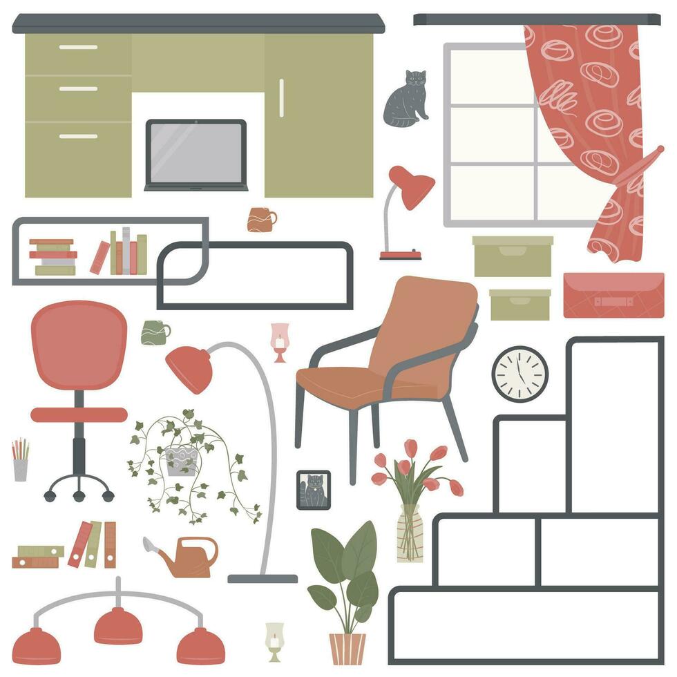 en uppsättning av element för interiör dekoration av ett kontor med möbel ett fåtölj, en skrivbord, hyllor, målningar, en bärbar dator, inomhus- växter, en vattning burk, blommor i en vas, lagring lådor, en klocka. vektor