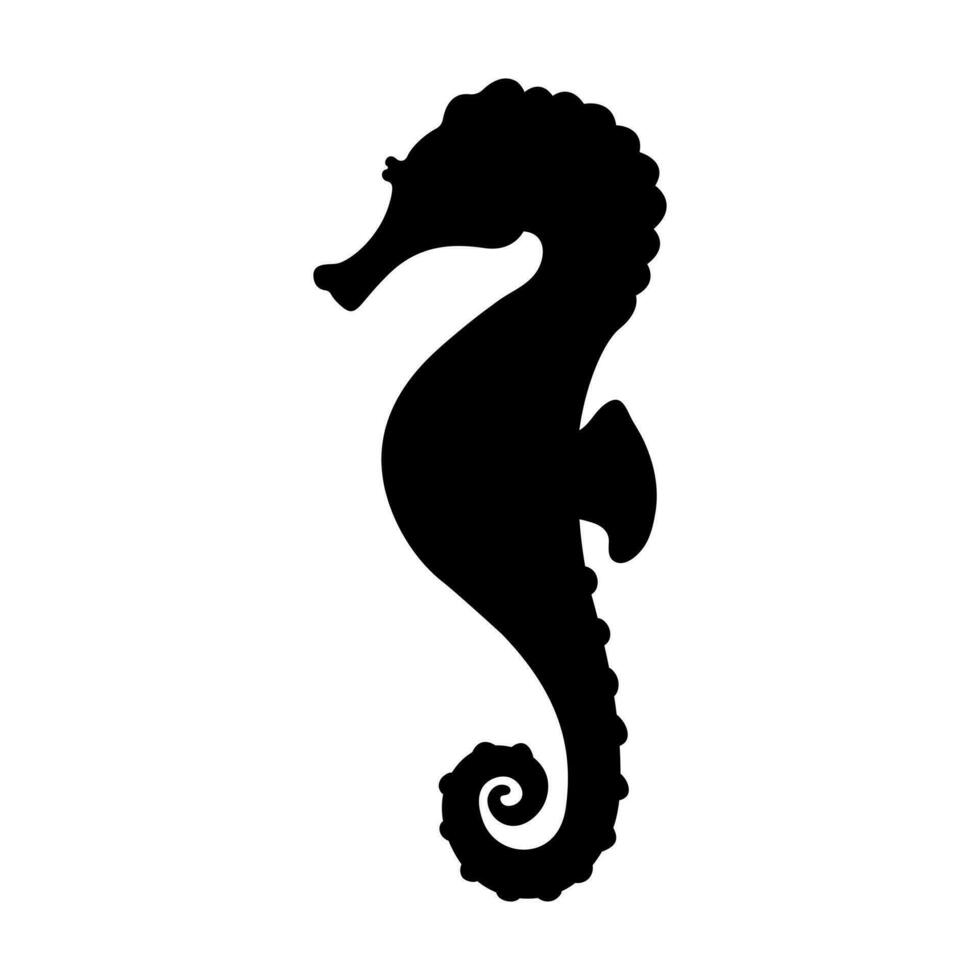 schwarz Silhouette von Seepferdchen. Vektor Illustration von das Schatten von ein unter Wasser Tier. Hippocampus Schablone auf Weiß Hintergrund
