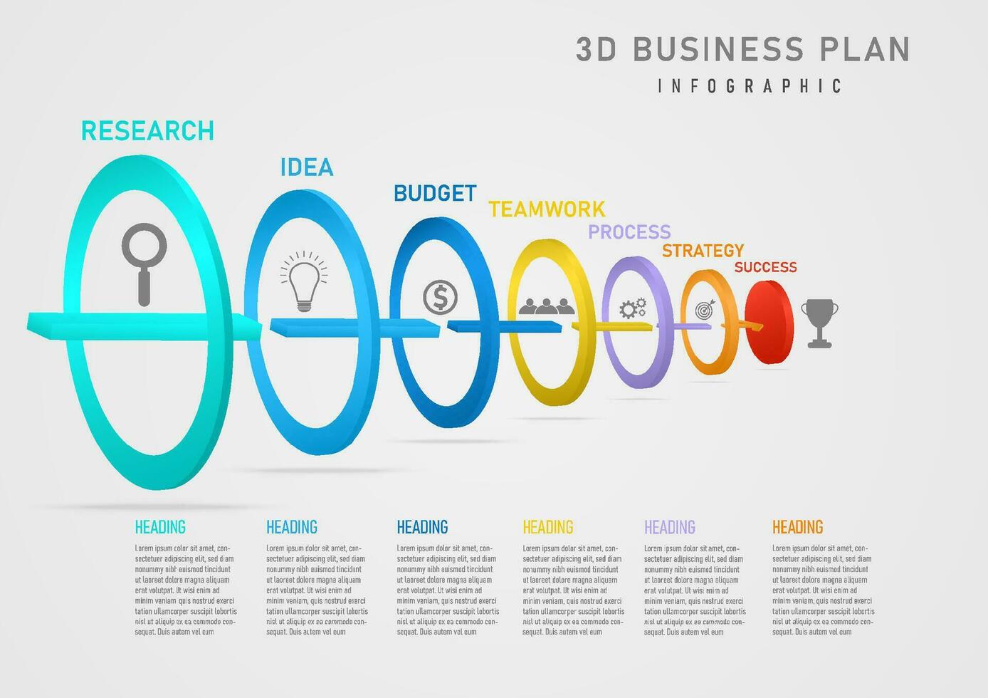 Infografik Vorlage 3d Erfolg Geschäft Planung multi farbig Kreise mit Symbol und Pfeil im Unterseite Center Text grau Gradient Hintergrund Design zum Produkt, Marketing, Projekt, Finanzen, Investition vektor